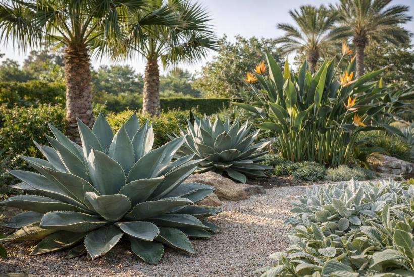 Сад с пальмами  агавами
