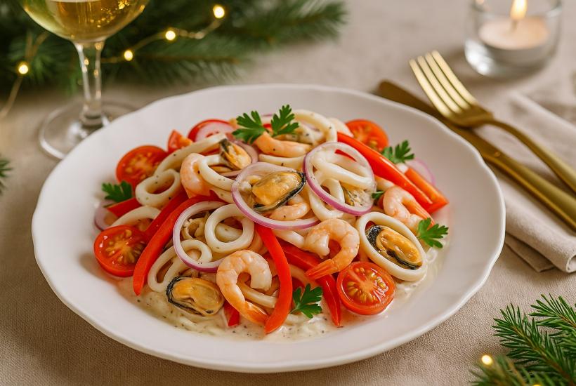 Праздничная подача салата с морепродуктами