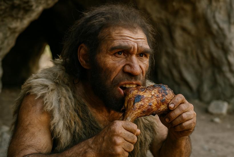 Неандерталец с едой в пещере