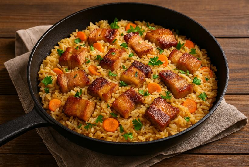 Грудинка с рисом и овощами в сковороде