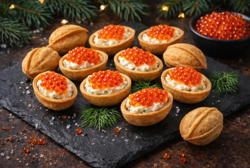 Орешки с красной икрой на доске