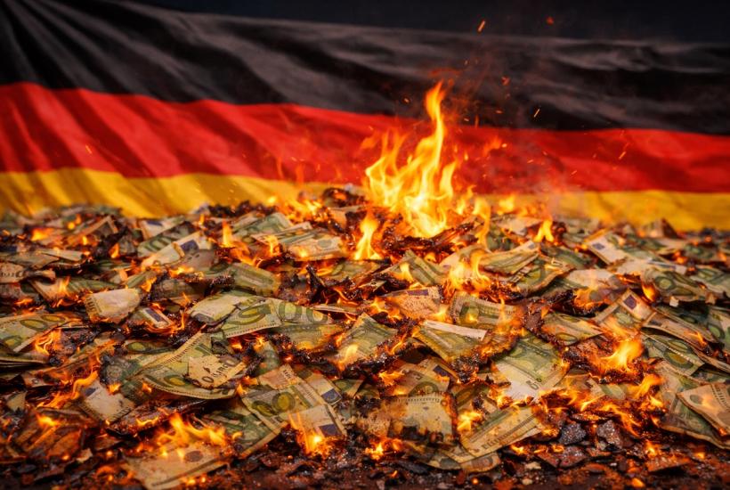 Горящие евро на фоне флага Германии