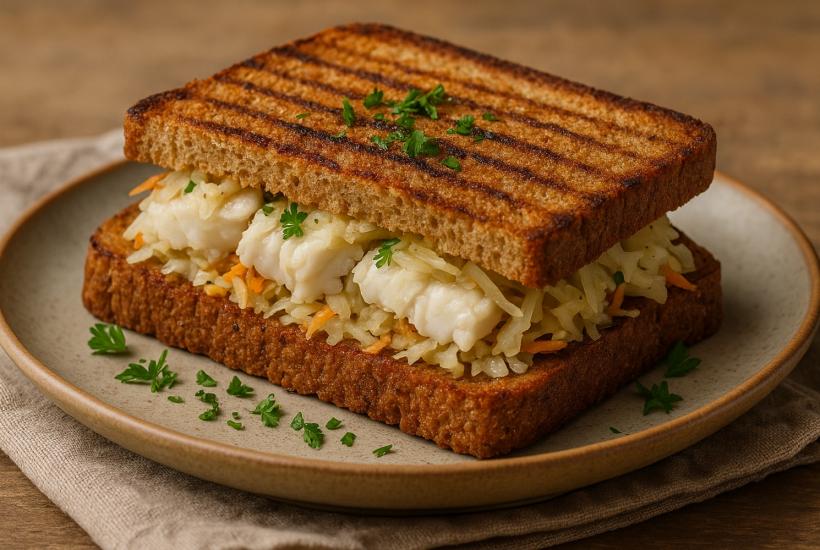 Горячий бутерброд с треской и маринованной капустой