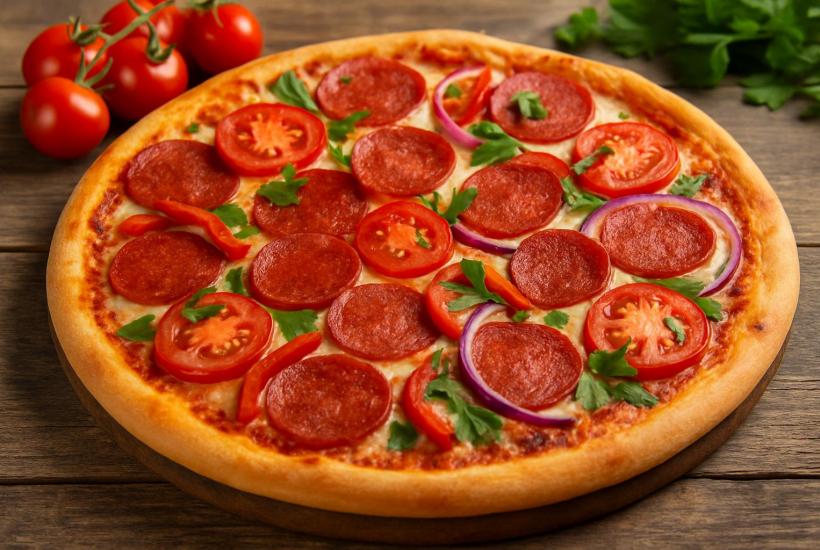 Пицца с пепперони и свежими овощами
