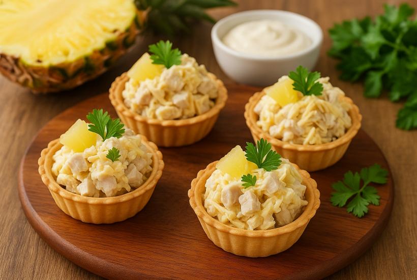Салат с курицей и ананасом в корзиночках