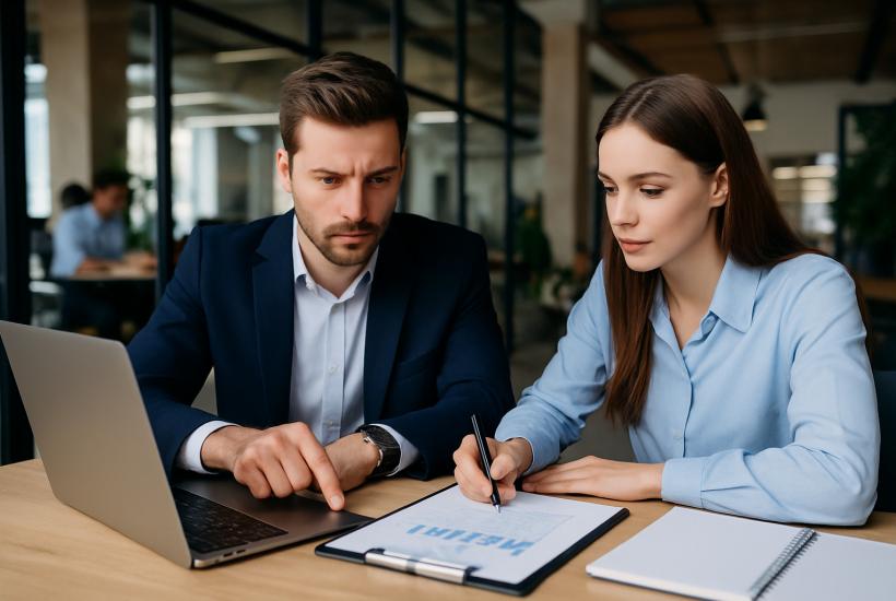 Мужчина и женщина обсуждают проект в офисе