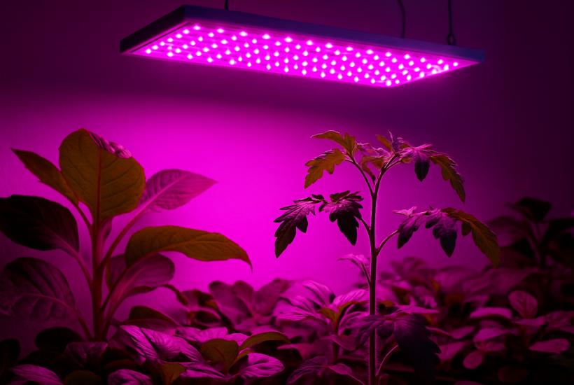 Розовая фитолампа над растениями