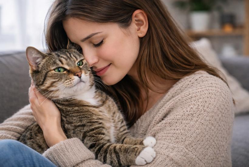 Девушка обнимается с кошкой