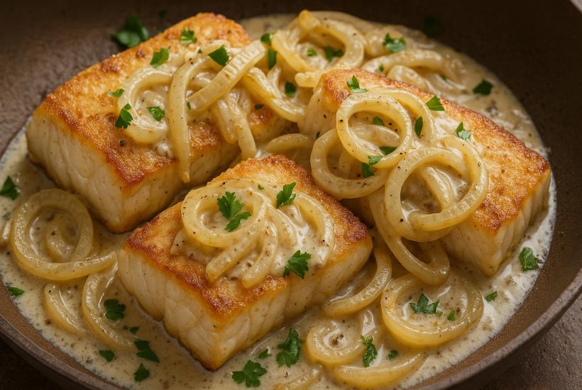 Жареная рыба с луком и сметанным соусом