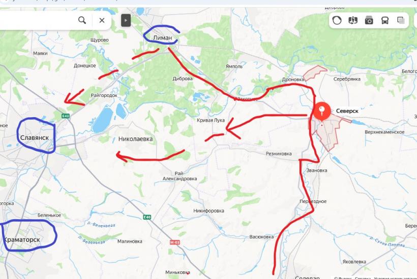 Схема наступления ВС РФ от Северска