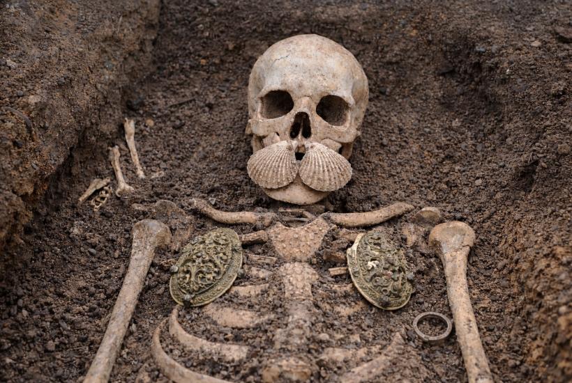 Скелет с ракушками у рта