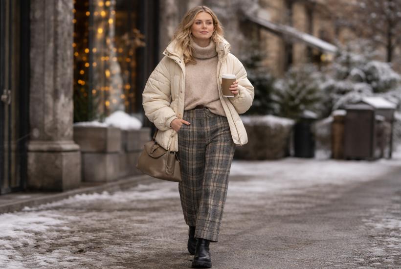 Девушка зимой в клетчатых штанах