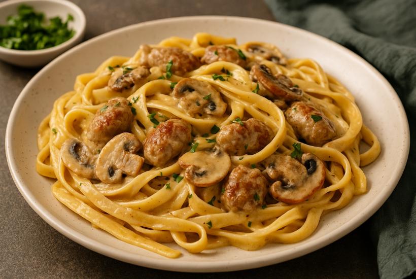 Паста с грибами и колбасками