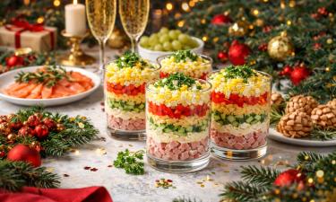 Салат-коктейль подаётся в прозрачных порционных стаканах