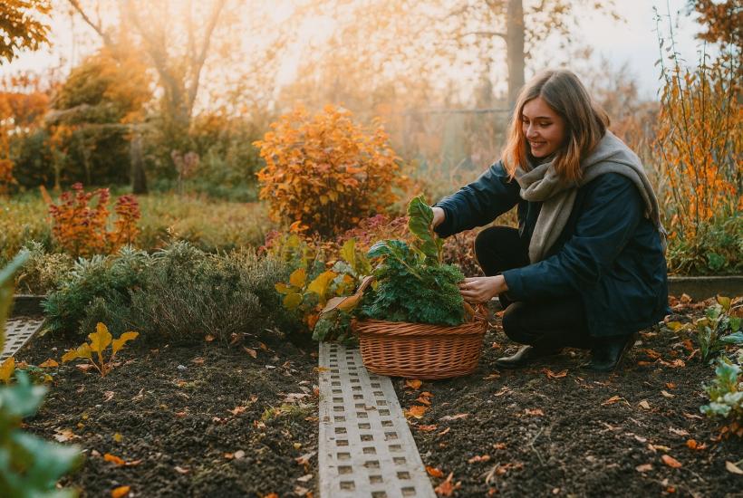Женщина в осеннем саду с урожаем