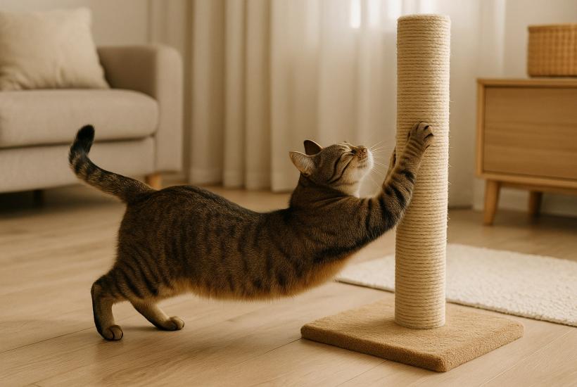 Кошка тянется у когтеточки