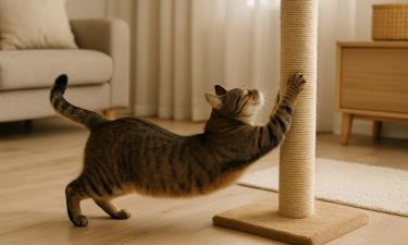 Кошка точит когти при виде хозяина из-за положительных эмоций