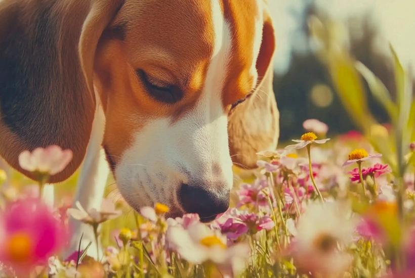 Собака нюхает цветы