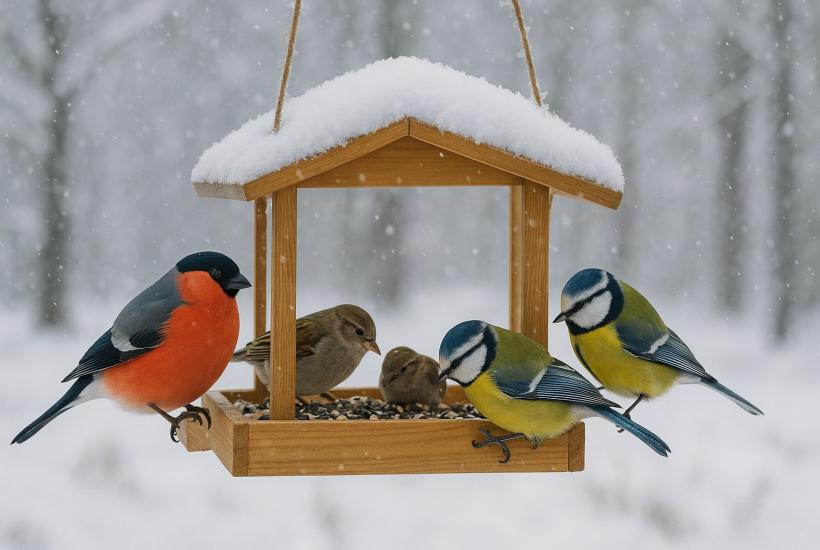 Зимующие птицы на снегу у кормушки