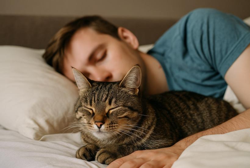 Кошка спит рядом с человеком