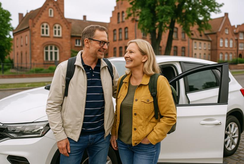 туристы стоят у автомобиля