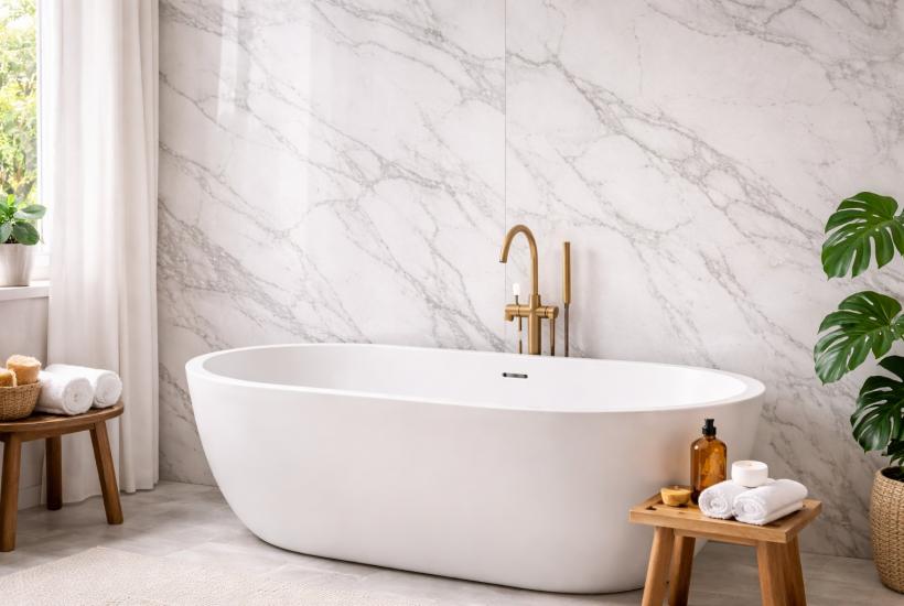 Современная ванная с мраморными панелями