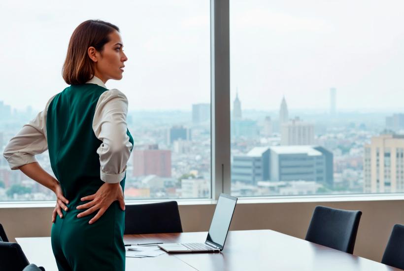 Девушка держится за поясницу в офисе