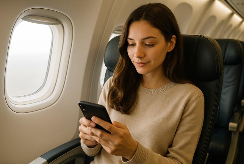 Девушка с телефоном в самолете