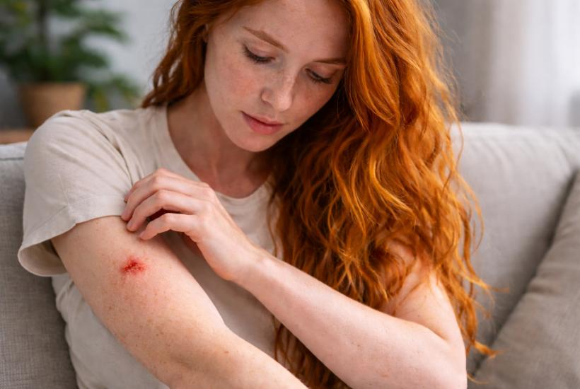 Девушка осматривает рану на руке