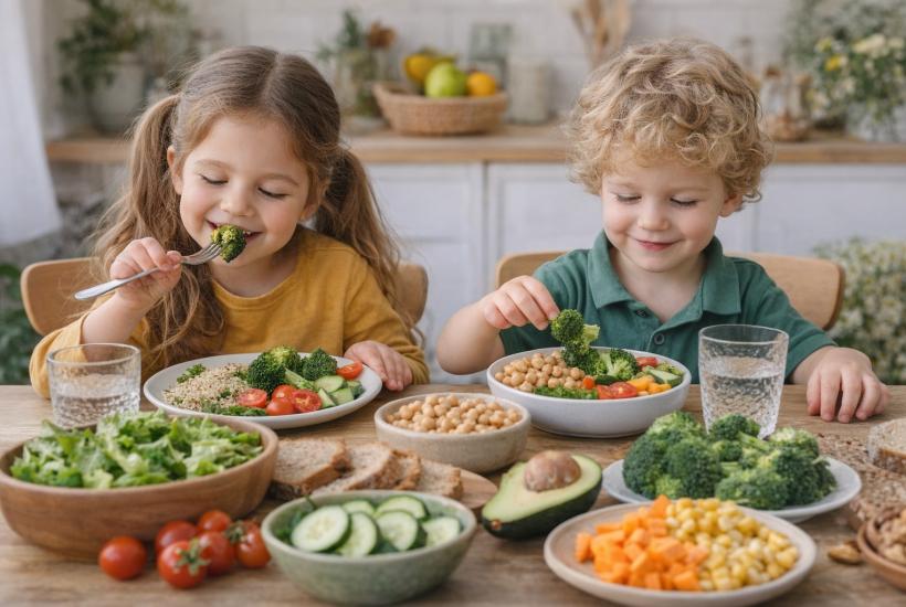 Дети едят здоровую пищу