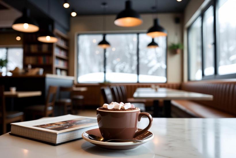 Горячий шоколад и книга в снежном кафе (уют)