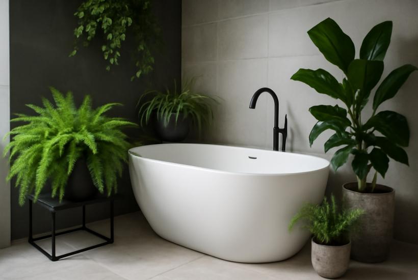 Современная ванная комната с растениями
