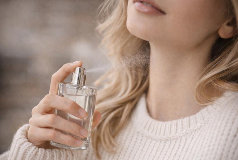 Девушка наносит парфюм на тело
