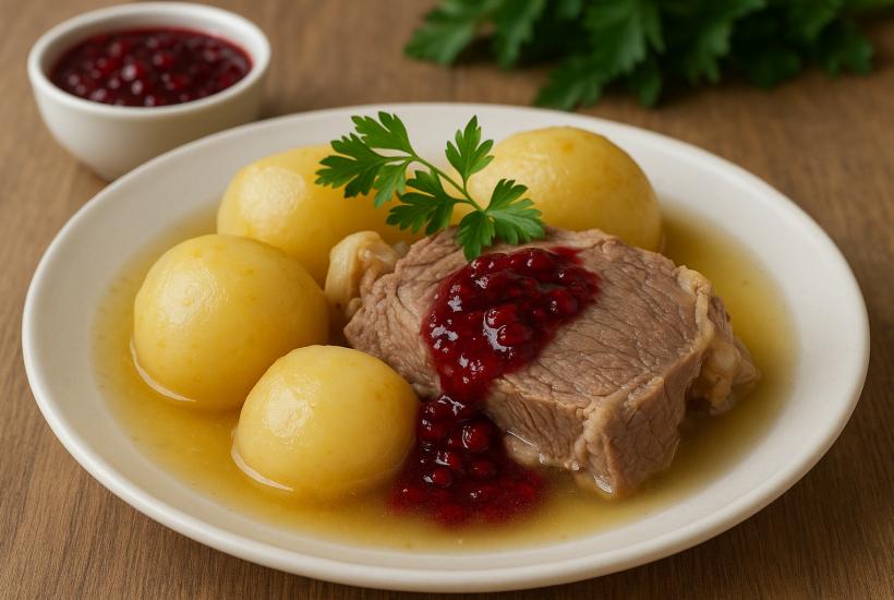 Варёное мясо с репой и брусничным соусом Варёное мясо с репой и брусничным соусом