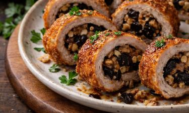 Рулетики из свинины с орехами готовятся 30 минут при 180 °C