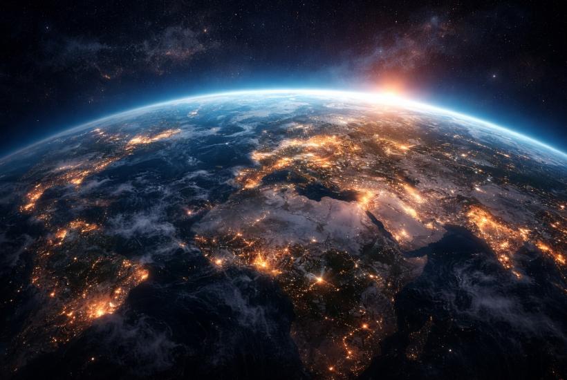 Вид Земли из космоса на фоне огней городов