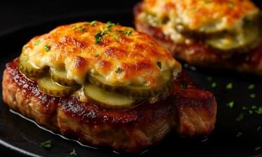 Отбивные из свинины готовят с луком, огурцами и майонезом