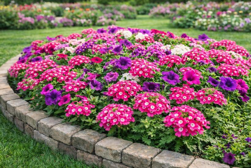 Клумба с вербеной и петуньями