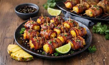 Рулетики с беконом и ананасом готовят без масла на сковороде