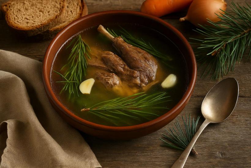 Бульон из дичи с чесноком и хвойными ароматами