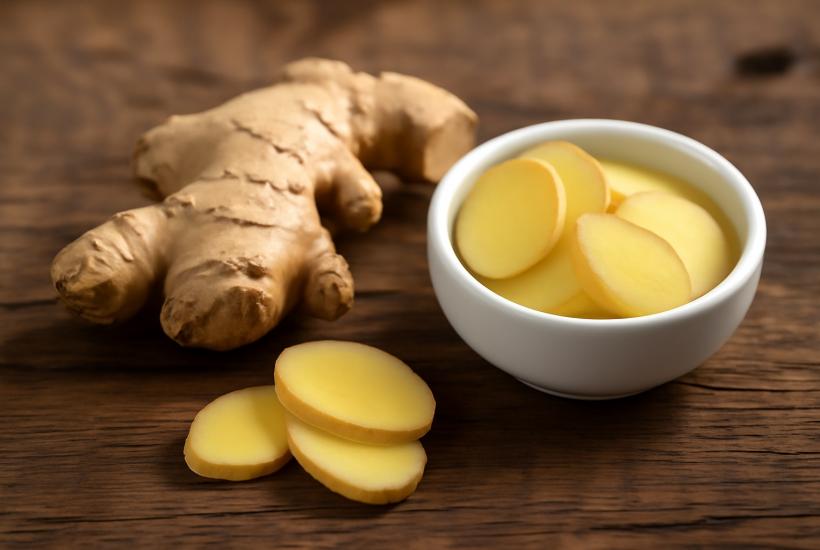 Свежий корень имбиря и нарезанные ломтики