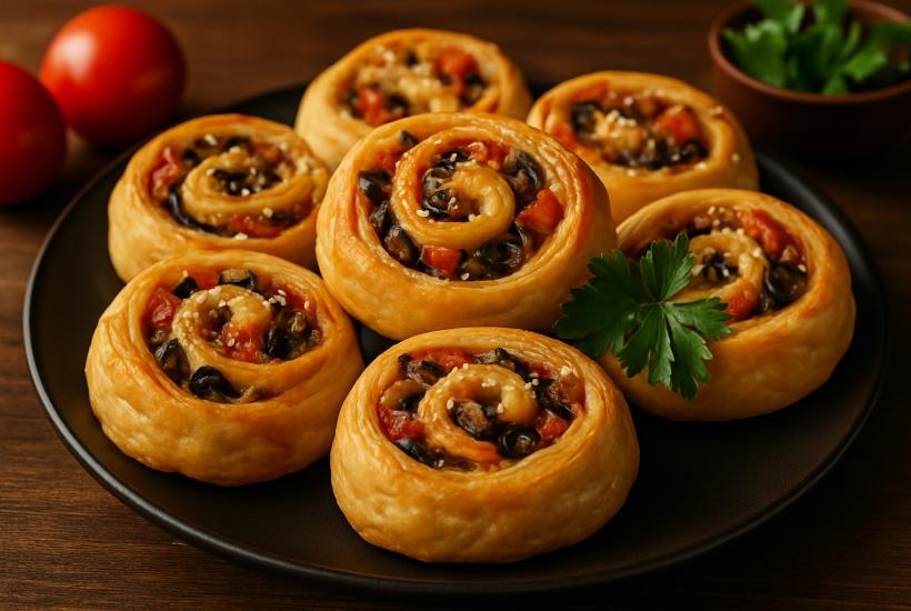 Рулетики с томатами и грибами из слоеного теста
