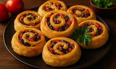 Рулетики с томатами и грибами готовят из слоеного теста