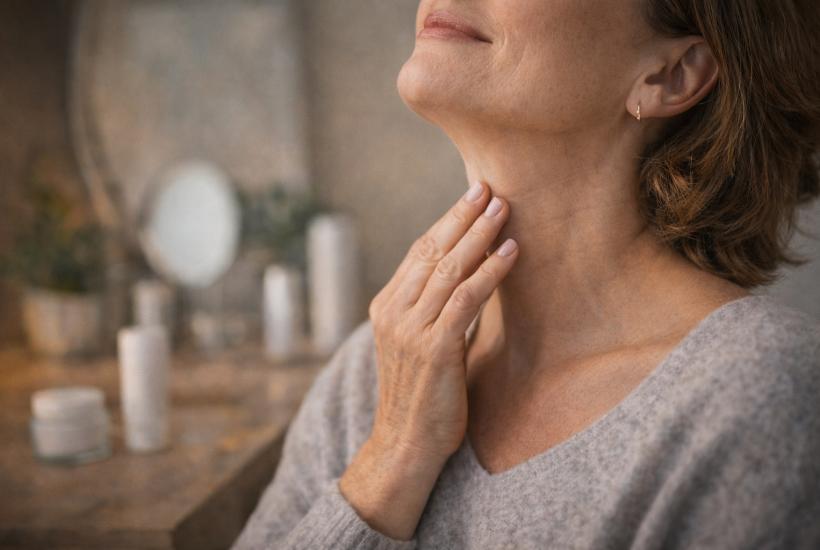 Женщина трогает шею