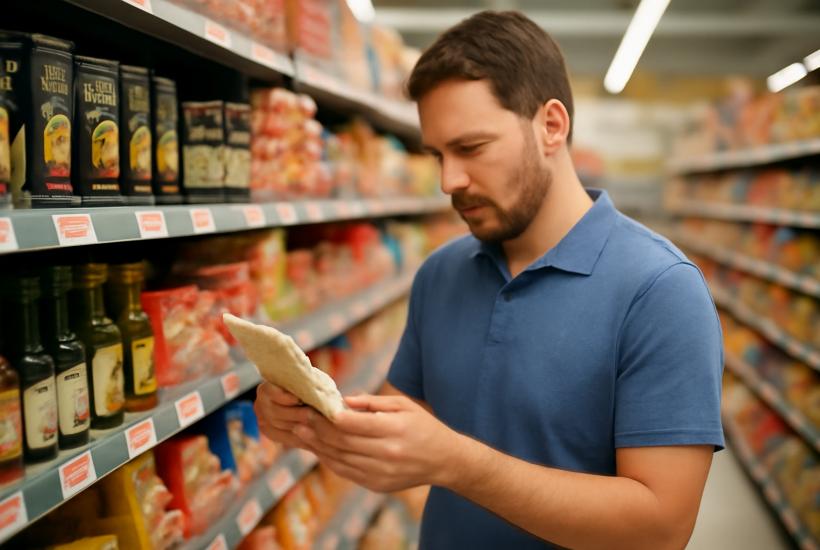 Мужчина читает этикетку в супермаркете