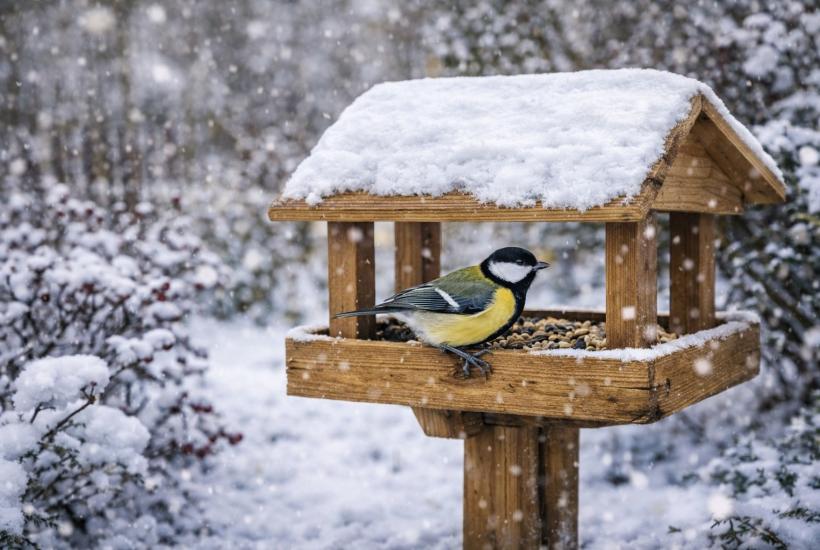 Синица на кормушке в зимнем саду