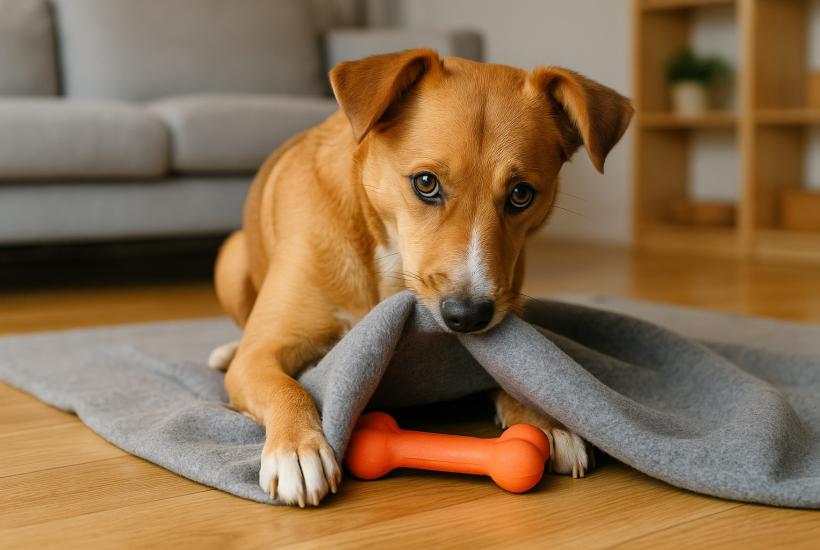Собака прячет игрушку под пледом