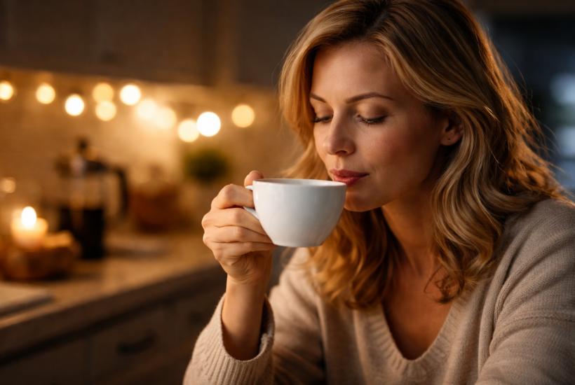 Девушка вечером пьет кофе