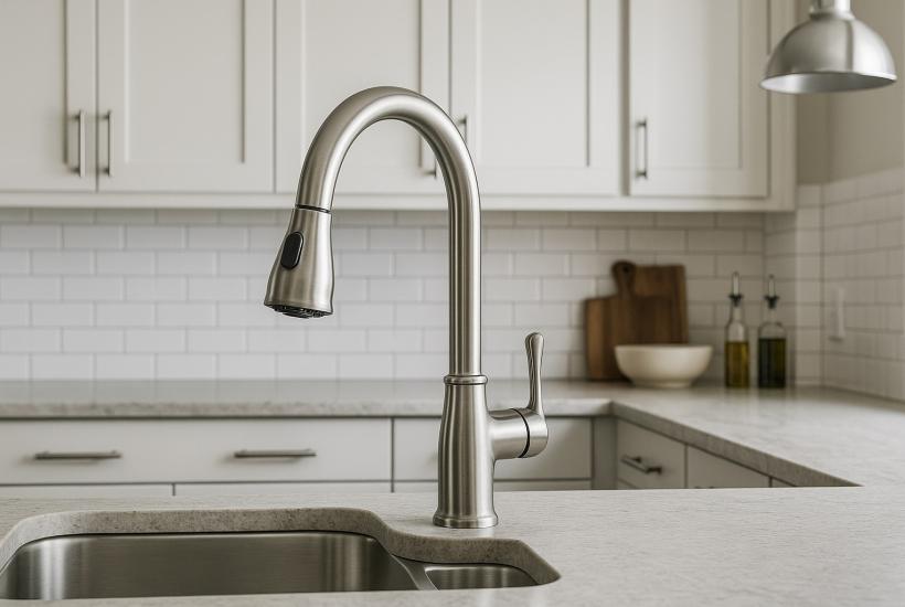 Кухня с серебряным смесителем