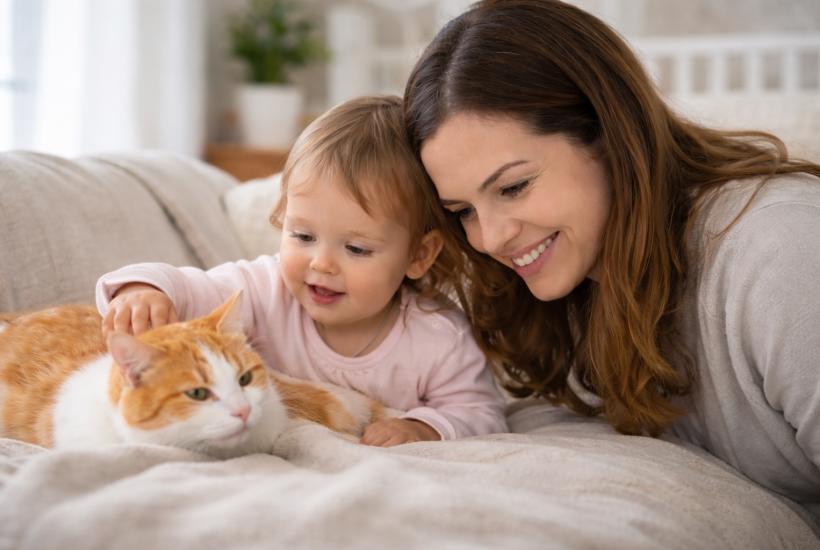 Мама с дочкой и кошкой на диване